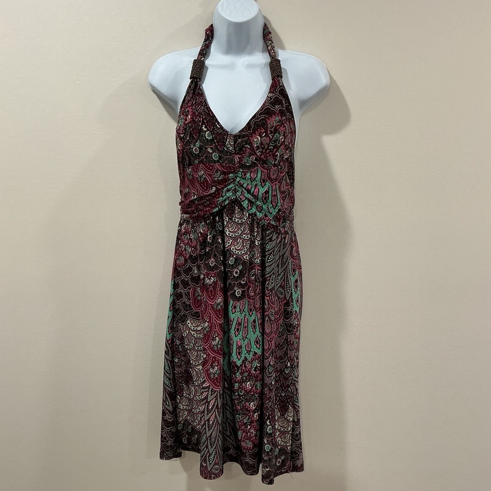 VTG Shoreline Y2K Mixed Print Halter Dress Floral Paisley Beaded L/XL Beach